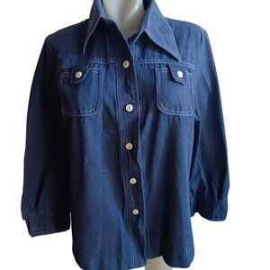 Large Medium Vintage 1970's Indigo Denim Disco Shirt Pockets Collared 1970's